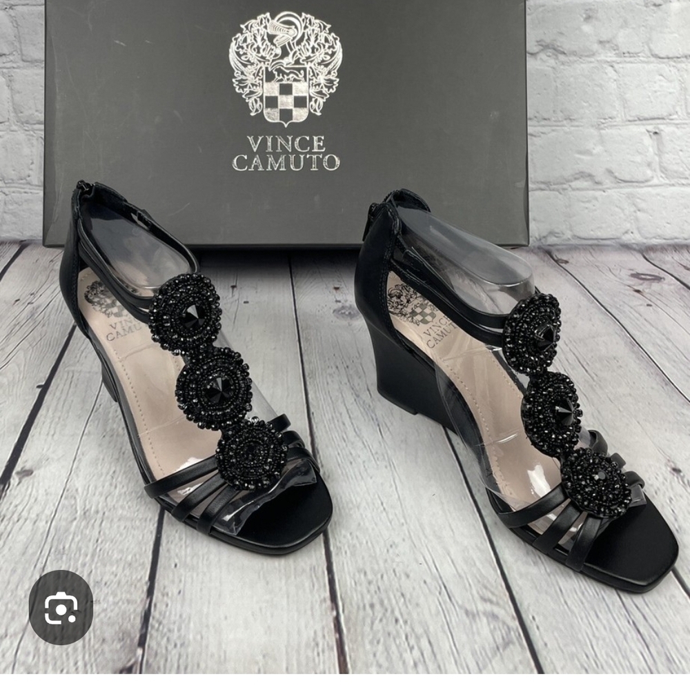 Vince Camuto Black Beaded Wedge Sandals